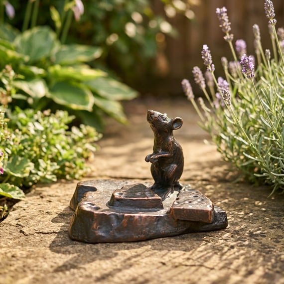 Mouse on Cheese Metal Garden Ornament in a cottage garden setting with lavender