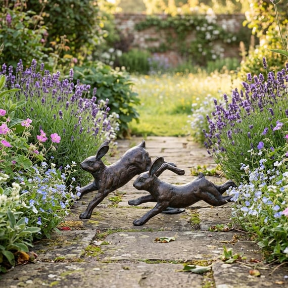 Running Rabbits Metal Garden Ornament on a stone garden path with lavender