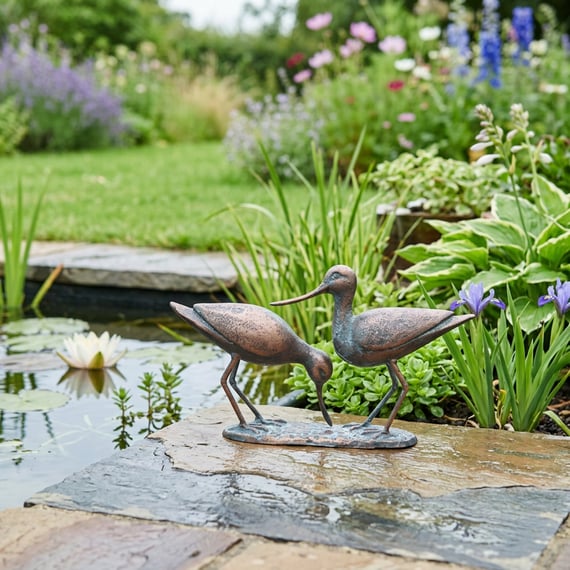 Pair of Sandpipers Metal Garden Ornament Beside a Garden Pond