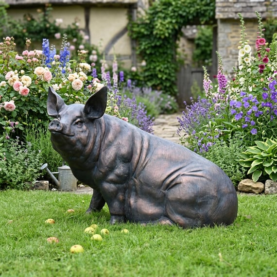 Sitting Pig Metal Garden Ornament in English Cottage Garden Setting