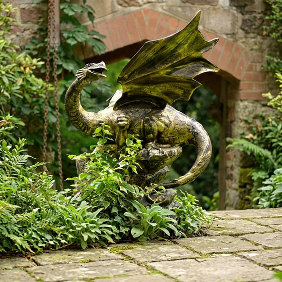 Small Dragon Metal Garden Ornament in a garden setting with stone patio and greenery