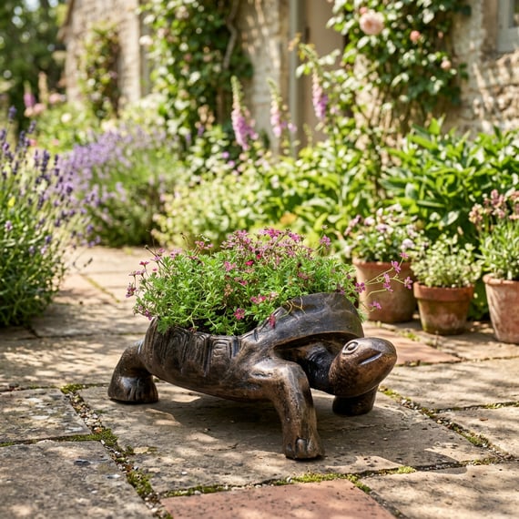 Small Tortoise Metal Garden Planter in a cottage garden patio setting with pink flowers