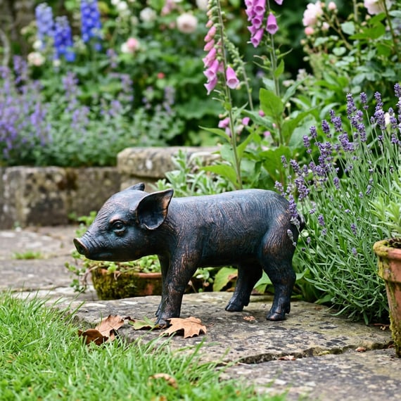 Standing Piglet Metal Garden Ornament in a cottage garden setting with lavender and foxgloves