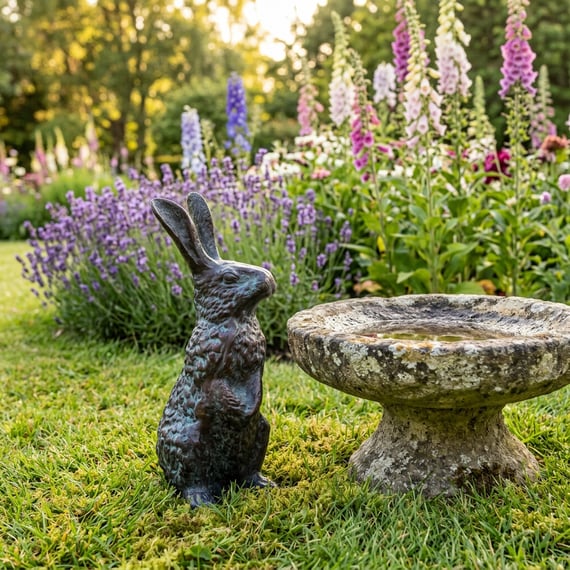 Standing Rabbit Metal Garden Ornament in cottage garden setting with lavender and bird bath