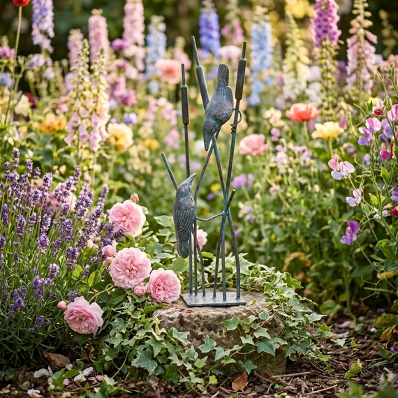 Birds on Reeds Bronzed Garden Ornament