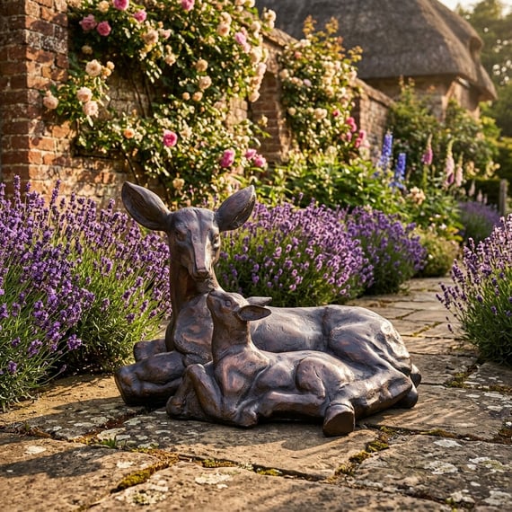 Doe and Fawn Lying Garden Sculpture Large