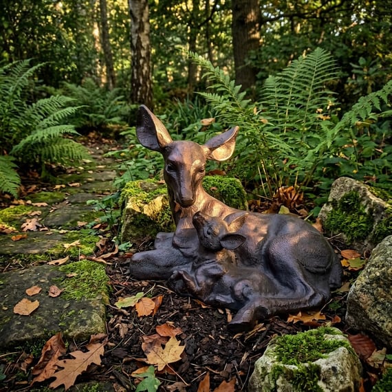 Doe and Fawn Lying Garden Sculpture Medium