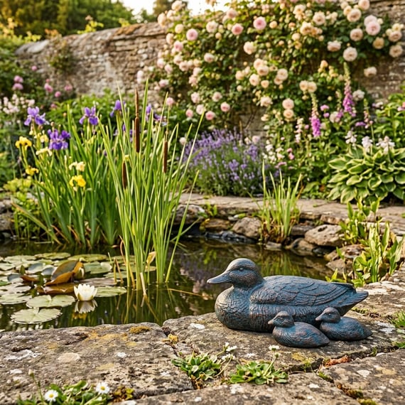 Duck and Ducklings Bronzed Garden Ornaments