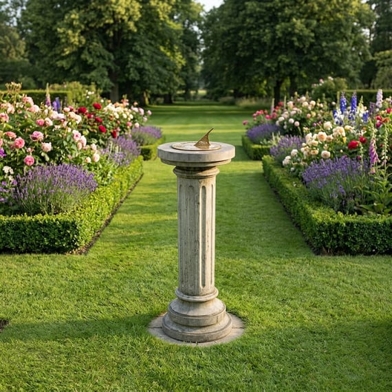 Aged Brass Sundial on Brighton Stone Garden Pedestal