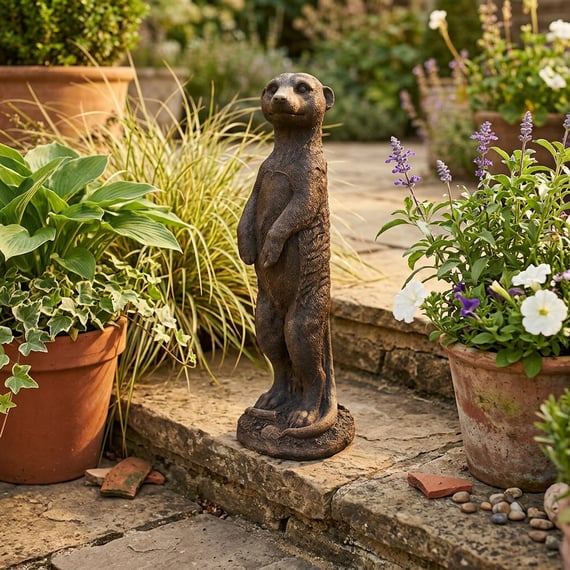 Stone Meerkat Statue in Burnt Umber on Garden Patio