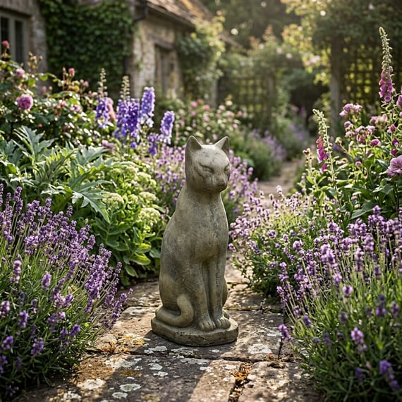 Egyptian Cat Statue in Cottage Garden Setting