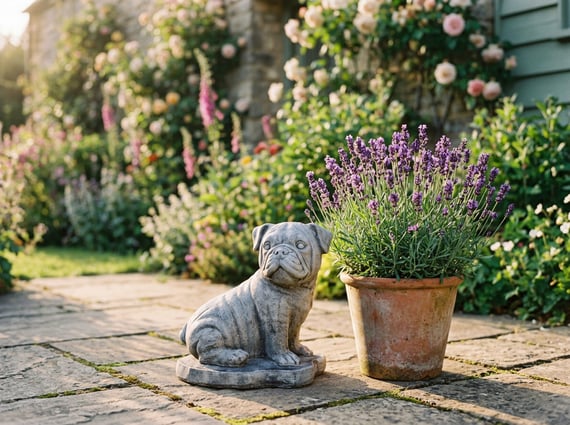 Stone Pug Statue Patio Lavender