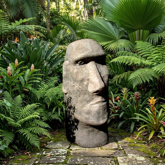 Stone Moai Head Statue in a tropical garden setting with ferns and exotic plants