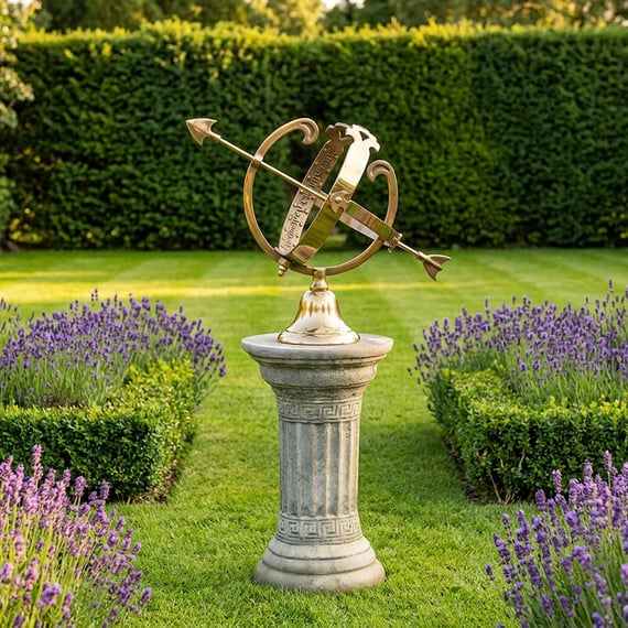 Brass Armillary on Classical Stone Garden Pedestal