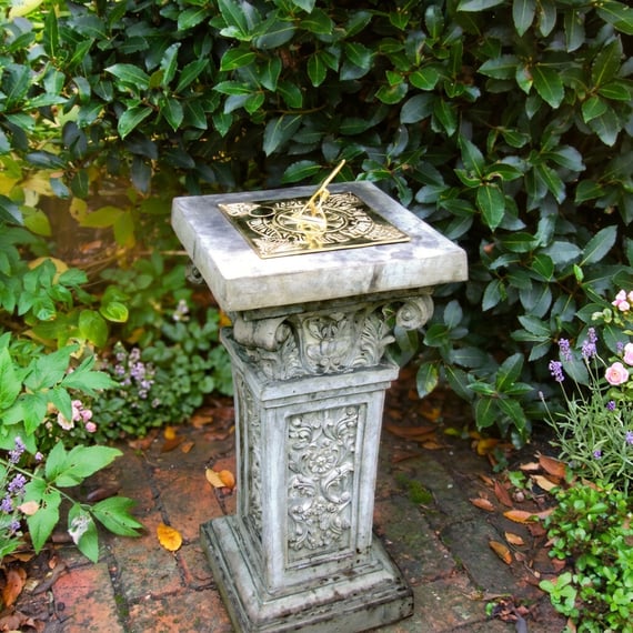 Brass Sundial on Rococo Stone Garden Pedestal