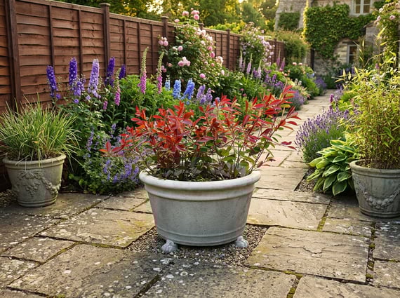 Grand Stone Garden Flower Pot on English cottage garden patio with weathered flagstones