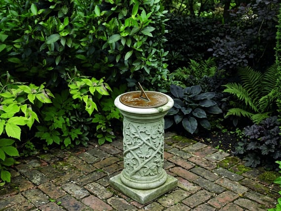 Aged Brass Sundial on Vine Stone Garden Pedestal