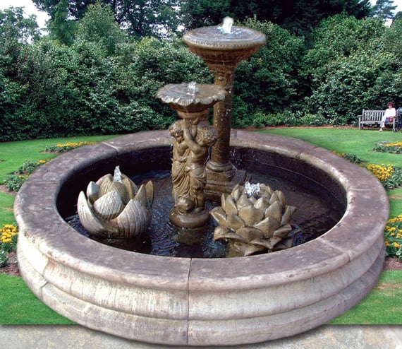 Stone Garden Pool Surround with fountain ornaments in Cotswold finish