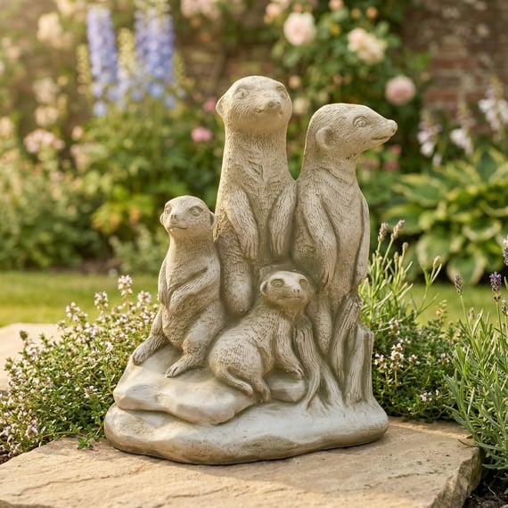 Meerkat Family Stone Garden Ornament in Stone
