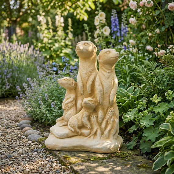 Meerkat Family Stone Garden Ornament in Sandstone