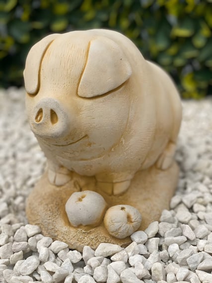 Pig with Apples Garden Ornament in Sandstone - Original Studio Image