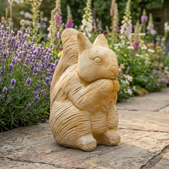 Rustic Squirrel Garden Ornament in Sandstone