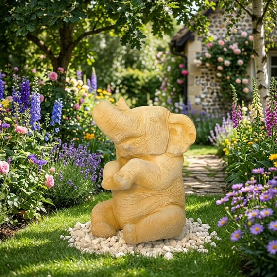 Sitting Elephant Stone Garden Ornament in Sandstone