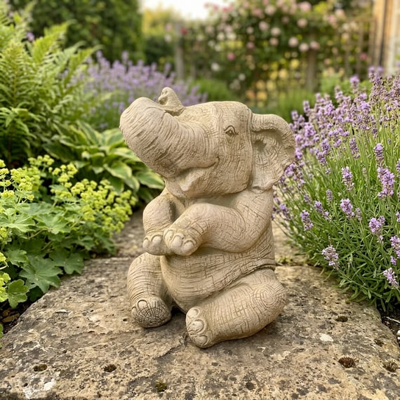 Sitting Elephant Stone Garden Ornament in Stone