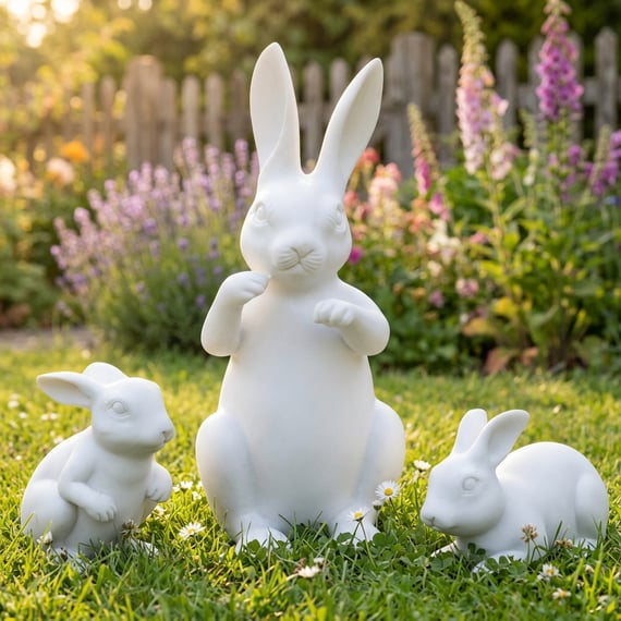 Family of Rabbits Garden Ornament Set in White Cottage Garden Setting