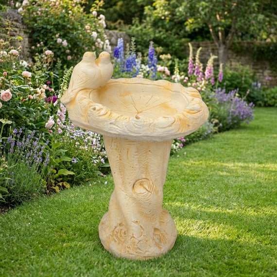 Dove Birdbath in Sand Stone in a cottage garden setting