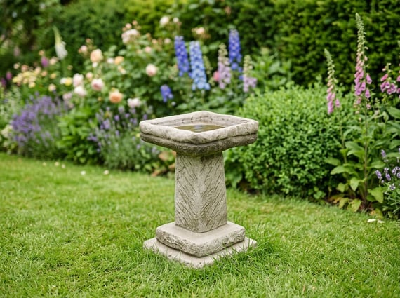 Egton Birdbath in Stone in a cottage garden setting