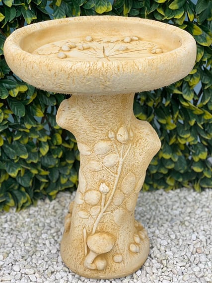 English Rose Birdbath in Sandstone — Original Close-Up View