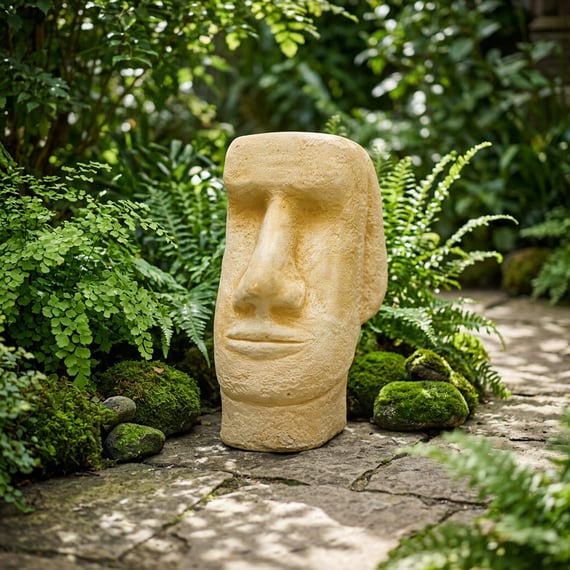 Easter Island Head Garden Ornament in Sandstone on Natural Stone Patio