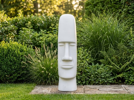 Easter Island Garden Statue in White in a garden setting