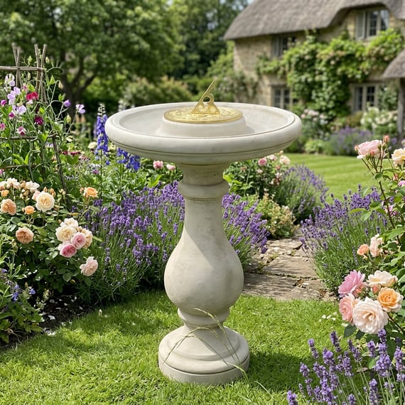 Fosse Sundial in Stone in an English cottage garden setting with lavender and roses