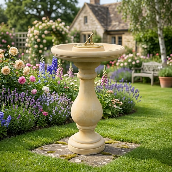 Fosse Sundial in Sandstone in English cottage garden setting