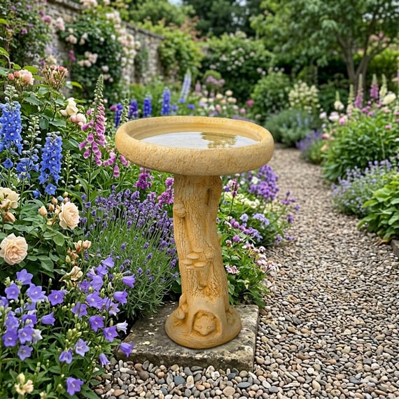 Fox Birdbath in Sandstone in a cottage garden setting