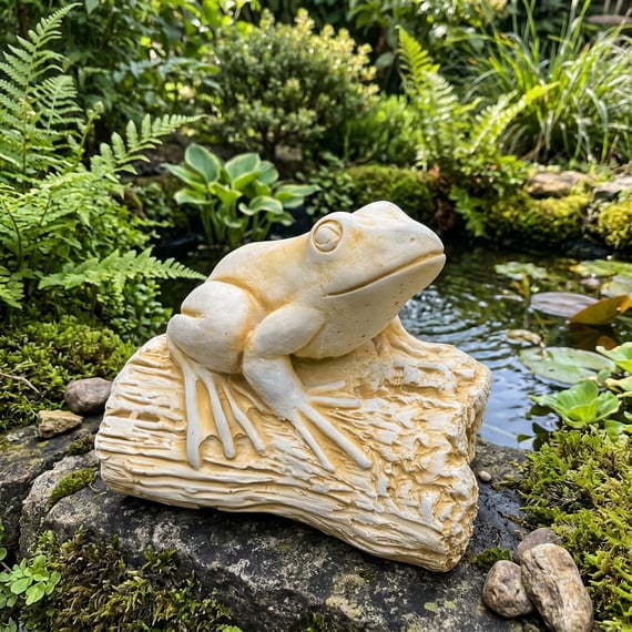 Frog on a Log Stone Garden Ornament beside a garden pond