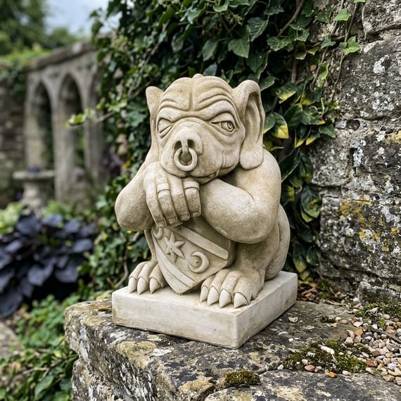 Gargoyle with Shield Stone Garden Ornament in gothic garden setting on weathered stone wall