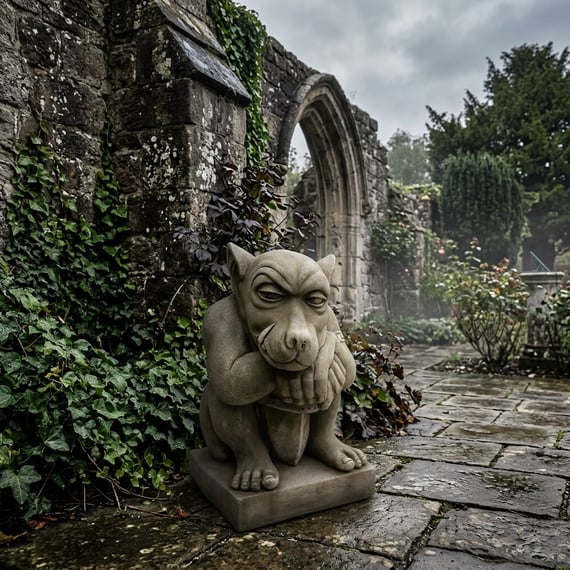 Gargoyle with Sword Stone Garden Ornament in Gothic Garden Setting