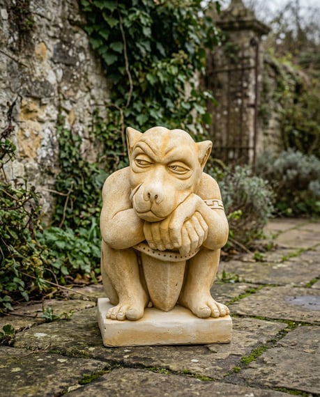 Gargoyle with Sword Stone Garden Ornament in Gothic Garden Setting
