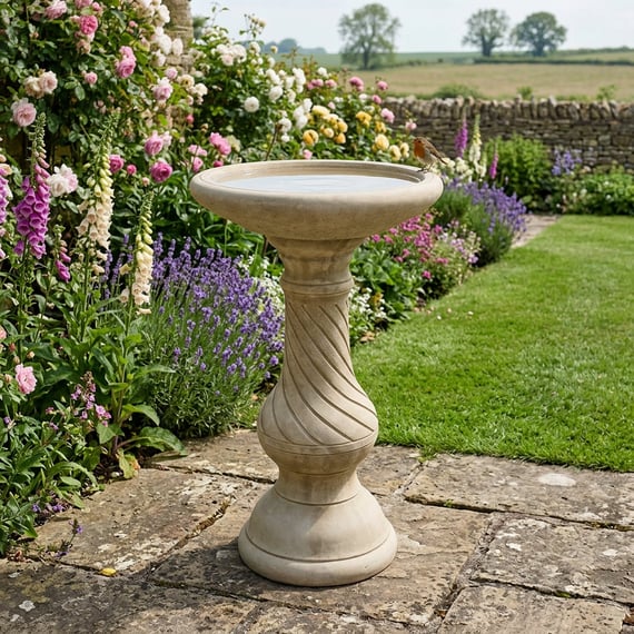 Georgian Birdbath in Stone in an English cottage garden setting