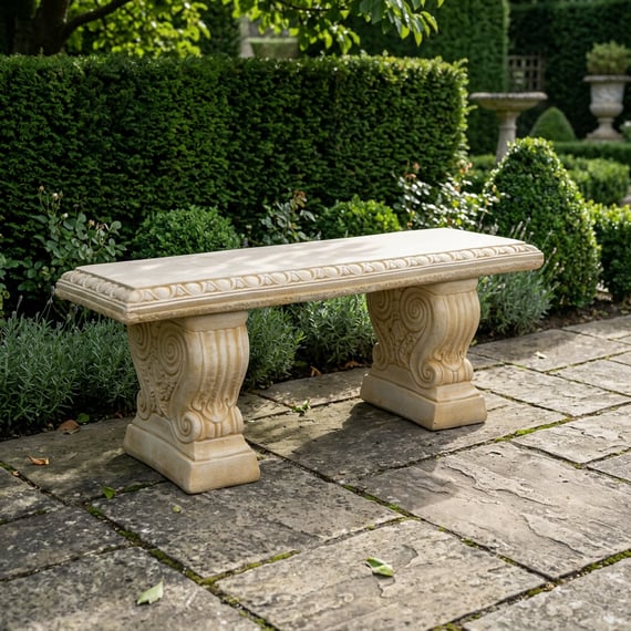 Gothic Stone Garden Bench in Sandstone in a Formal Garden Setting
