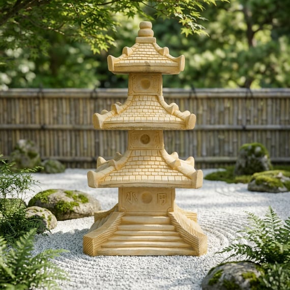 Grand Pagoda Garden Ornament in Sandstone in a Japanese Zen Garden Setting