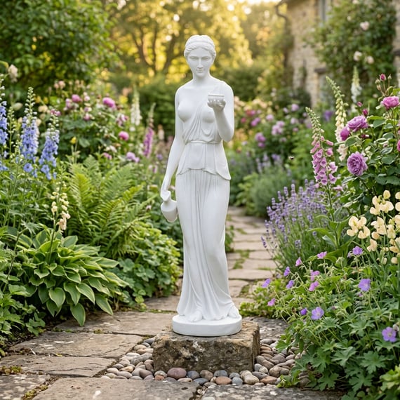 Hebe Goddess Garden Statue in White - Classical Greek Sculpture in Cottage Garden Setting