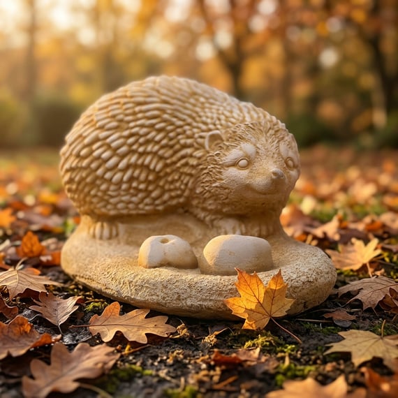 Hedgehog with Apples Stone Garden Ornament in Autumn Garden Setting