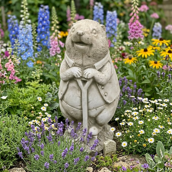 Hedgehog with Spade stone garden ornament in a cottage flower border