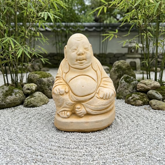 Indian Buddha Garden Ornament in Sandstone in a Zen Garden Setting