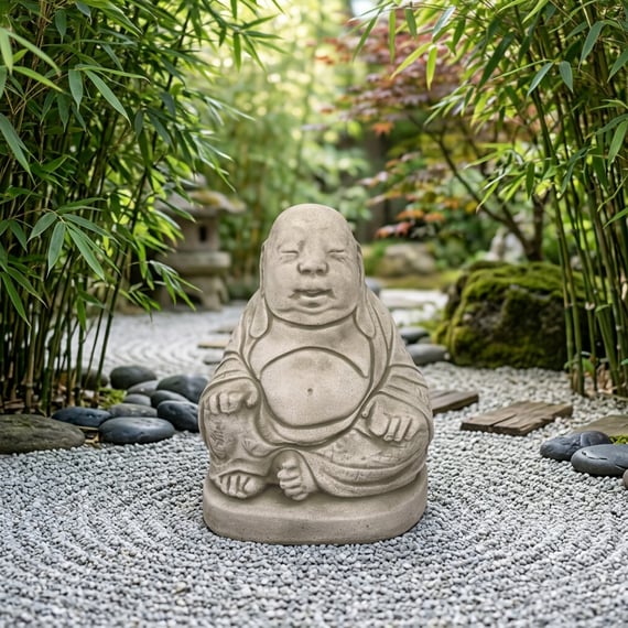 Indian Buddha Garden Ornament in Zen Garden Setting