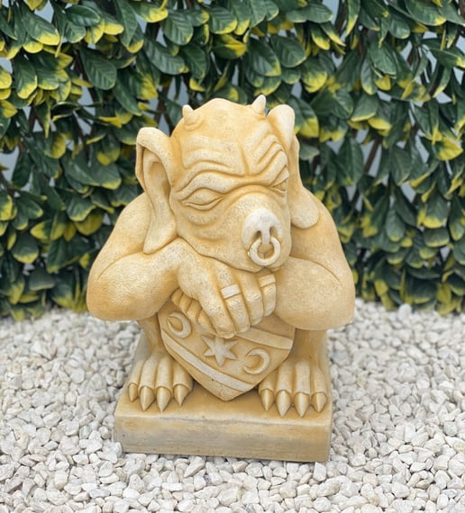 Gargoyle with Shield Stone Garden Ornament in Sandstone - Original Product Photo